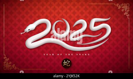 Happy Chinese New Year 2025 Banner mit Schlangenzeichen und goldenem chinesischem Schlangensymbol auf rotem Schuppenmuster Hintergrund. Mondneujahr Stock Vektor