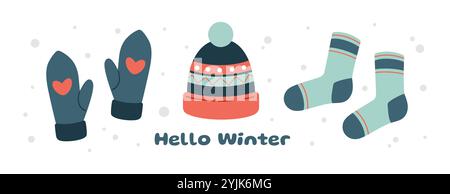 Winterkleidung Set. Strickaccessoires für Winter und Herbst. Hut, Fäustlinge, Socken. Winterkleidung aus Wolle. Warme Oberbekleidung in Blau- und Korallenfarben. Schriftzug Hello Winter. Vektor Stock Vektor