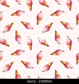 Eiskegel. Nahtloses Muster mit Fruchteis mit Sahne und Kirsche. Waffelbecher mit Eis. Stockfoto