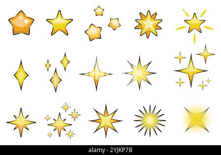 Strahlende Stars in Zeichentrickfilmen. Set mit gelben funkelnden Sternen. Vektorillustration auf weißem Hintergrund. Stock Vektor