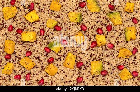 Makrofotografie von gekochtem weißem und rotem Quinoa mit gebratenem Kürbis und Granatapfel, vegetarischem Salat; Beilage, gesundes veganes Gericht Stockfoto