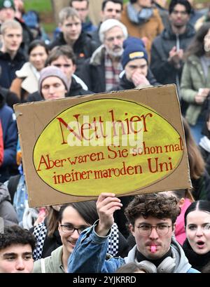 Stuttgart, Deutschland. November 2024. Studenten und Universitätsmitarbeiter demonstrieren für eine bessere Finanzierung der Universität und halten ein Schild mit der Aufschrift "Nizza hier - aber waren Sie schon einmal an einer kranken Universität". Im ganzen Land haben Tausende von Studenten tagelang auf die künftige Finanzierung ihrer Universitäten aufmerksam gemacht und vor gefürchteten Kürzungen im Wert von Millionen gewarnt. Franziska Kraufmann/dpa/Alamy Live News Stockfoto