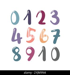 Bunte Zahlen Vektor Illustrationen, Zahlen Clipart 0 bis 9 Set, Zahlen Vektor Design, Kinderzimmer Zahlen Dekor Stock Vektor