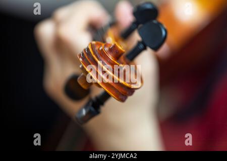 Linke Position auf der Geige. Richtige Hand- und Fingerposition auf einem Musikinstrument Stockfoto