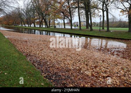 Schwerin, Deutschland. November 2024. Braune Blätter schweben in einem Graben im Schlosspark. Das Wetter im Norden ist im November bewölkt und grau. Quelle: Bernd Wüstneck/dpa/Alamy Live News Stockfoto