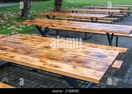 Picknicktische aus Holz mit Bänken, die auf einer Backsteinterrasse neben einem grasbewachsenen Bereich in einem Park stehen Stockfoto