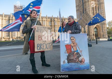 London, Großbritannien. 22. November 2017. Die Proteste vor dem Parlament gegen den Brexit wurden am Budgettag fortgesetzt, mit einigen neuen Slogans für diesen Anlass, "What's the Budget for Brexit" und "Brexit Spreads Sheet Everywhere", ein Verweis auf den Spitznamen des Kanzlers "Spreadsheet Phil". Neben den europäischen Flaggen haben sie auch die Unionsflaggen auf dem Kopf, die traditionell ein Zeichen der Not sind, wenn auch eher diskret. Kurz dazu gesellte sich der politische Künstler Kaya Mar mit seinem Bild des Kanzlers, der auf einer schwimmenden Mine sitzt und mit seinem Computer eine sinkende Theresa May hochhält, während das britische Schiff im Hintergrund sinkt Stockfoto