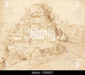 Giulio Campagnola Venetian, 1482 - nach 1514, Ein Dorf am Fuße eines Hügels (Recto), 1509, 1515, Stift und braune Tinte über Bleispitze auf Büttenpapier, insgesamt 18,8 x 21,9 cm, Künstler Giorgione Venetian, 1477, 1478 - 1510 Stockfoto