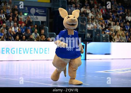 Gummersbach, Deutschland. November 2024. VfL Maskottchen 'Gummi' GER, VfL Gummersbach vs. Bergischer HC, Handball, DHB-Pokal, Achtelfinale, Spielzeit 20l24-2025, 14.11.2024 Foto: Eibner-Pressefoto/Jürgen Augst Credit: dpa/Alamy Live News Stockfoto