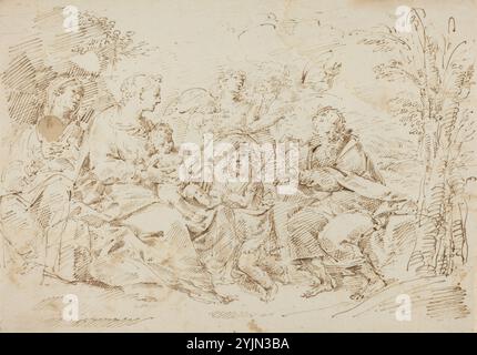 Donato Creti, Bolognese, 1671 - 1749, Heilige Familie mit der heiligen Elisabeth, dem heiligen Johannes dem Täufer und zwei Engeln in einer Landschaft, Stift und braune Tinte mit brauner Waschung auf Büttenpapier, insgesamt (ca.): 21,1 x 29,6 cm (8 5, 16 x 11 5, 8 Zoll Stockfoto