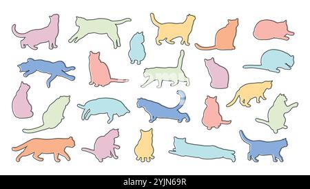 Sammlung farbiger Katzensilhouetten. Verschiedene Katzenstellungen. Die Katze liegt, sitzt, spielt, geht, steht. dehnen. Vektorabbildung Stock Vektor
