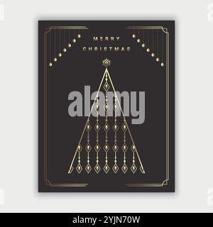 Frohe Weihnachtsgrußkarte mit geometrisch geformtem Weihnachtsbaum und Weihnachtskugeln in goldener Farbverlaufsfarbe. Vektorabbildung Stock Vektor