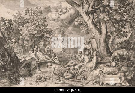 Nicolaes de Bruyn, Flämisch, 1565, 1571 - 1656, Jean Le Blond I (Herausgeber) Französisch, 1590, 1594 - 1666, das Goldene Zeitalter, 1644, Gravur auf Büttenpapier, Blatt (auf Plattenrand zugeschnitten): 44,2 x 69,1 cm, Roethlisberger 1993, Nr. 70, Kopie 3, Niederländisch 17. Jahrhundert, Abraham Bloemaert, Niederländisch, 1566 - 1651 Stockfoto