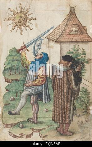 Französisch Anfang des 16. Jahrhunderts, Sprechen nicht gegen die Sonne“ und „Don't Make Water Facing the Sun“ [fol. 39 Recto], ca. 1512, 1515, Speculum princiis (Spiegel für Prinzen), Stift und braune Tinte mit Aquarell und Stift auf Büttenpapier, insgesamt 16,3 x 10,7 cm (6 7, 16 x 4 3, 16 Zoll) Stockfoto