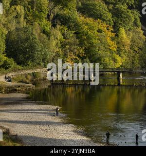 Besucher genießen Freizeitangebote (Wohlbefinden und Entspannung, Spaziergang am Ufer) - das malerische Anwesen Bolton Abbey, Yorkshire Dales, England, Großbritannien. Stockfoto