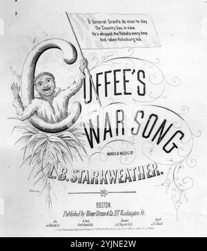 Cuffees Kriegslied Starkweather L. B. (Komponist), Starkweather L. B. (Texter), Oliver Ditson & Co., Boston, 1863., Vereinigte Staaten, Geschichte, Bürgerkrieg, 1861-1865, Lieder und Musik, Sklaven, Emanzipation, Vereinigte Staaten, Lieder und Musik, Chöre, weltliche (gemischte Stimmen) mit Klavier, Vereinigte Staaten, Geschichte, Bürgerkrieg, 1861-1865, Teilnahme, Afroamerikaner, Lieder und Musik, Afroamerikaner Soldaten, Lieder und Musik, Grant, Ulysses S. (Ulysses Simpson), 1822–1885, Lieder und Musik, Lincoln, Abraham, 1809-1865, Lieder und Musik, Afroamerikaner, Karikaturen und Cartoons, populäre Lieder der Stockfoto