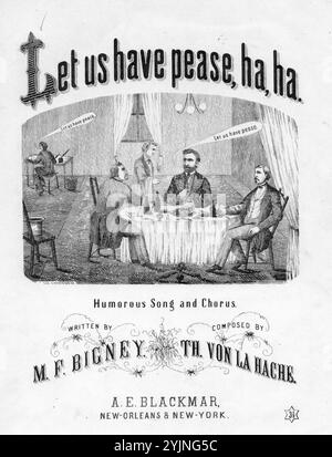 Lasst uns pease, ha, ha, von La Hache, T. (Komponist), Bigney, M. F. (Texter), A. E. Blackmar, New Orleans, 1868. Vereinigte Staaten, Geschichte, Bürgerkrieg, 1861-1865, Lieder und Musik, Grant, Ulysses S. (Ulysses Simpson), 1822-1885, Lieder und Musik, Präsidenten, Vereinigte Staaten, Wahl, 1868, Lieder und Musik, Kampagnenlieder, Vereinigte Staaten, Grant, Ulysses S. (Ulysses Simpson), 1822–1885, Karikaturen und Karikaturen, populäre Lieder des Tages, Songs and Music, war and Conflict, Civil war and Reconstruction (1861–1877), Musik assoziiert mit der Konföderierten Seite, Noten Stockfoto