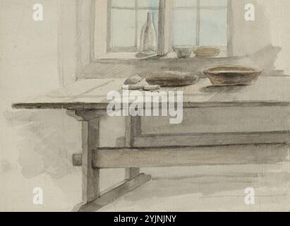 Ekman, Robert Wilhelm, Arbeit, Schüssel, Brot und Messer am Ende des Tisches und eine Flasche und andere Gegenstände am Fenster, Gemälde, 22 cm x 29 cm Stockfoto