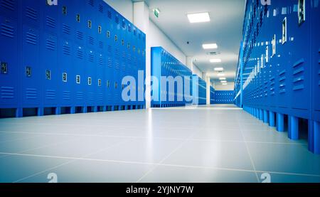 Langer Korridor mit blauen Schließfächern im 3D-Hintergrund der modernen Schule Stockfoto