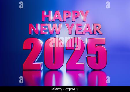 Happy New Year 2025 Text in kräftigen, glänzend roten Zahlen vor einem leuchtenden violetten und blauen Farbverlauf, mit Reflexionen auf der glänzenden Oberfläche belo Stockfoto