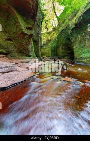 Die Teufelskulpe in Finnich Glen, einer versteckten tiefen Schlucht in Schottland Stockfoto