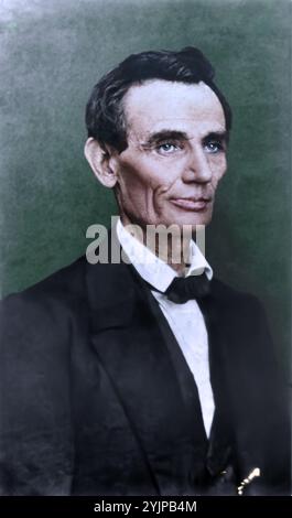 Abraham Lincoln, halblanges Porträt, sieht richtig aus. Gegründet im Jahr 1860, möglicherweise Frühling oder Sommer. Albumsilberdruck. Stockfoto