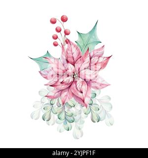 Weihnachtsaquarell Roter Weihnachtsstern Blumenstrauß mit stechpalmengrünen Blättern und Mistel, roten Beeren. Handgezeichnete Illustration für Design und Druck Stock Vektor