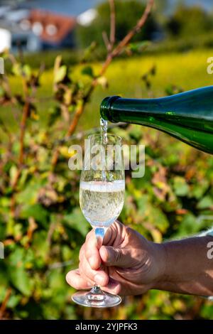 Eingießen von Weißwein, traditionelle Champagnermethode Herstellung von cremant in Höhlen im Moseltal in Luxemburg, Glas Wein und Aussicht Stockfoto