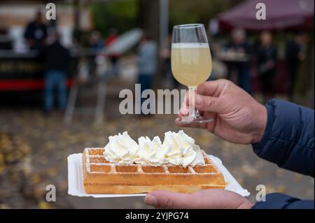 Weinfest in Schengen, Luxemburg, französischen oder luxemburgischen Waffeln mit Schlagsahne und einem Glas Jungwein, der im Herbst im Freien gegessen wird Stockfoto
