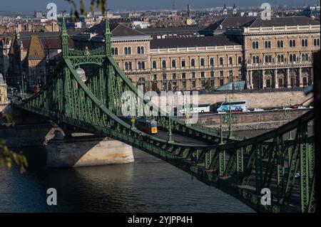 Eine Straßenbahn überquert die Freiheitsbrücke (Szabadsag híd) über die Donau, die die Stadt Budapest trennt. Stockfoto