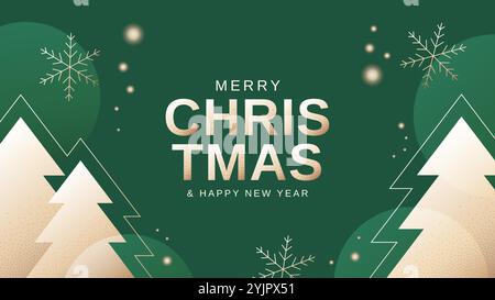 Modernes Weihnachtsbanner mit goldenem Text, Schneeflocken und weihnachtsbäumen auf grünem Hintergrund. Vektorabbildung Stock Vektor