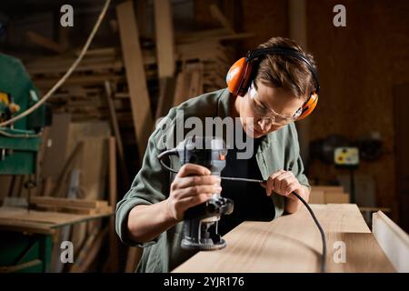 Eine fokussierte Schreinerin arbeitet fleißig an einem Holzstück, mit einem Elektrowerkzeug in ihrer gut ausgestatteten Werkstatt. Stockfoto