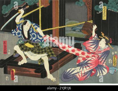 Kunisada, B, Werk, Schauspieler Onoe Kikujiro und Nakamura Fukusuke in dem Stück Motomishi, hana bunbu no norikake (Arts of Peace and war), 1856, Farbholzdruck, Grafiken Stockfoto