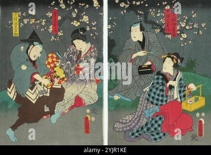 Kunisada, C, Werk, Schauspieler Onoe Kikujiro, Nakamura Fukusuke und Iwai Kumesaburo in einem unbekannten Stück, 1856, Farbholzdruck, Hauptkategorie: Grafik Stockfoto