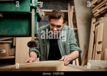 Ein leidenschaftlicher Zimmermann konzentriert sich intensiv auf die Holzherstellung in einer warmen Werkstatt, die mit Werkzeugen gefüllt ist. Stockfoto