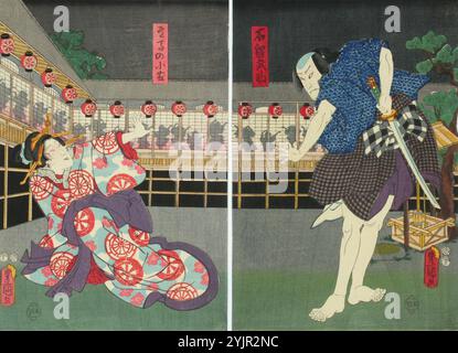 Kunisada, B, Werk, Schauspieler Nakamura Fukusuke und Onoe Kikujiro in dem Stück Motomishi hana bunbu no norikake (Arts of Peace and war), 1856, farbiger Holzschnitt, Grafiken Stockfoto