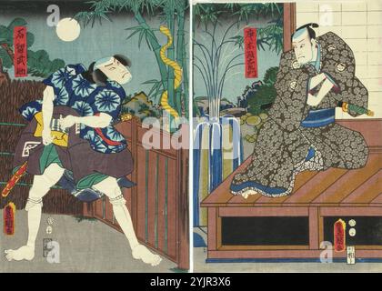 Kunisada, B, Werk, Schauspieler Ichikawa Danzo VI und Nakamura Fukusuke in dem Stück Motomishi hana bunbu no norikake (Kunst des Friedens und des Krieges), 1856, Farbholzdruck, Grafiken Stockfoto