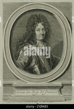 Edelinck, Gérard, Erfinder: Hyacinthe Rigaud, Werk, König Ludwig XIV. Von Frankreich, (1000 - 2000), Kupferstich, Grafiken, Blattbreite 9,4 cm, Tellerhöhe 13,3 cm, Blattbreite 12,3 cm, Blatthöhe 19,2 cm Stockfoto