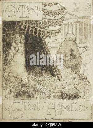 Gallen-Kallela, Akseli, Werkname: Eliel Aspelins Exlibris (größere Version), 1897, Ätzen, Grafiken, Plattenbreite 7 cm, Plattenhöhe 9,1 cm, Blattbreite 8,6 cm, Blatthöhe 9,9 cm, Bildbreite 6,6 cm, Bildhöhe 7,4 cm, Akseli Gallen-Kallela 1865 – 1931, ein finnischer Maler, der vor allem für seine Illustrationen der Kalevala, dem Nationalepos Finnlands, bekannt ist Stockfoto