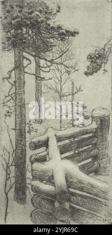 Gallen-Kallela, Akseli, Werkname: Pohjoisportaaat, 1897, Techniktext: Linienätzung, Grafik, LANDSCHAFT, Winter, PFLANZE, Kiefer, Tellerbreite 6,9 cm, Tellerhöhe 13,7 cm, Blattbreite 32,1 cm, Blatthöhe 44,5 cm, Akseli Gallen-Kallela 1865 – 1931, ein finnischer Maler, der vor allem für seine Illustrationen der Kalevala, dem Nationalepos Finnlands, bekannt ist Stockfoto