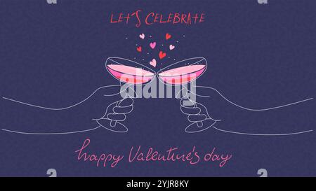 Valentinstag-Grußkarte mit zwei Händen, die mit rosafarbenem Champagner und spritzenden Herzen auf blauem Hintergrund toasten. Lasst uns die Botschaft feiern. Körniges ef Stock Vektor