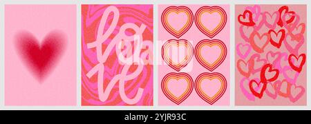 Valentinstag-Grußkarte oder Posterkollektion mit Herzen und Texturen in rosa und roten Farben. Auch als Hintergrund nützlich. Körniger Effekt hinzugefügt. Stock Vektor