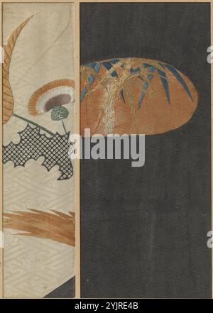 Zwei Textilfragmente, Textilfragmente, zwei Textilfragmente, Stickerei und Druck auf Sepia- und beigefarbenem Damasthintergrund., anonym, Japan, 1804 - 1818, Bunka-Periode, Seide, Höhe 30 cm x Breite 13,2 cm x Breite 7,2 cm Stockfoto