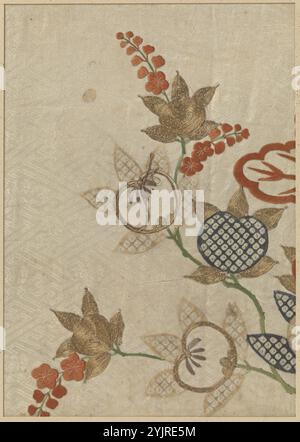 Textilfragment, Stickerei und Druck von Blumen, Zweigen und Früchten, Anonym, Japan, 1751 - 1764, Horeki-Periode, Seide, Höhe 29 cm x Breite 20,5 cm Stockfoto