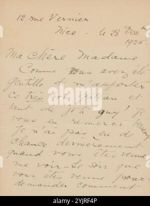 Brief an Henriette Wilhelmina van Baak, Schriftstellerin: E. B. de Haga Haig, Nizza, 28. Dezember 1925, Papiertinte, Schreiben, Pen, Henriette Wilhelmina van Baak, Philip Zilcken, Henry Berenger Stockfoto