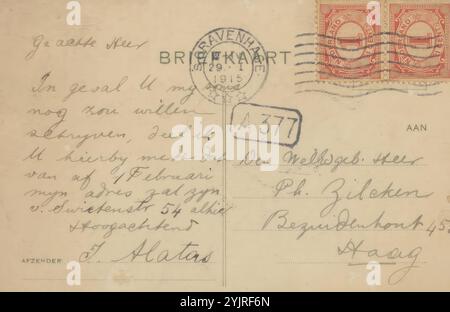 Postkarte an Philip Zilcken, Postkarte, Schriftsteller: I. Alatras, den Haag, in oder vor 29. Januar 1915, Papptinte, Schreibstift, Philip Zilcken Stockfoto