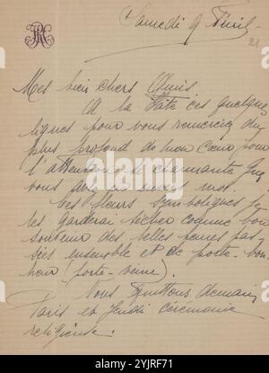 Brief an Henriette Wilhelmina van Baak und Philip Zilcken, Monogramm, gedruckt: 'RH', Schriftstellerin: Rose Imel, Paris, 29-Apr-1921, Papiertinte, Schreiben, Stift, Betreff, Paris, Philip Zilcken, Henriette Wilhelmina van Baak Stockfoto