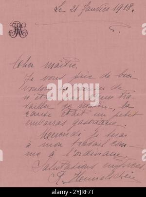 Brief an Philip Zilcken, Monogramm, gedruckt: 'RH', Schriftstellerin: Rose Imel, Scheveningen, 21-Jan-1918, Papiertinte, Schreiben, Stift, Drucken, Philip Zilcken Stockfoto