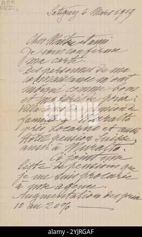 Brief an Philip Zilcken, Schriftsteller: Alphonse Stengelin, Satigny, 6. März 1919, karierte Papiertinte, Schreiben, Stift, Krankheiten, anonyme historische Person dargestellt, erster Weltkrieg, Muralto, Ecully, Niederlande, Philip Zilcken Stockfoto