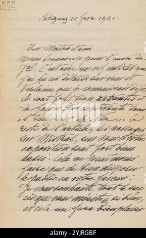 Brief an Philip Zilcken, Schriftsteller: Alphonse Stengelin, Satigny, 20. Februar 1921, linierte Papiertinte, Schreiben, Stift, Ausstellung, Kunst, anonyme historische Person dargestellt, Malerei (einschließlich Buchbeleuchtung, Miniaturmalerei), Niederlande, Kagerplassen, Merwede, Philip Zilcken, Paul Verlaine, L'Eclaireur de Nice, Frédéric Mistral, Edouard Herriot Stockfoto